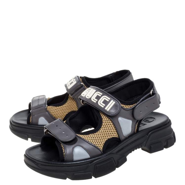 Pre Owned Gucci Grey Leather and Mesh Logo Sandals Size 41