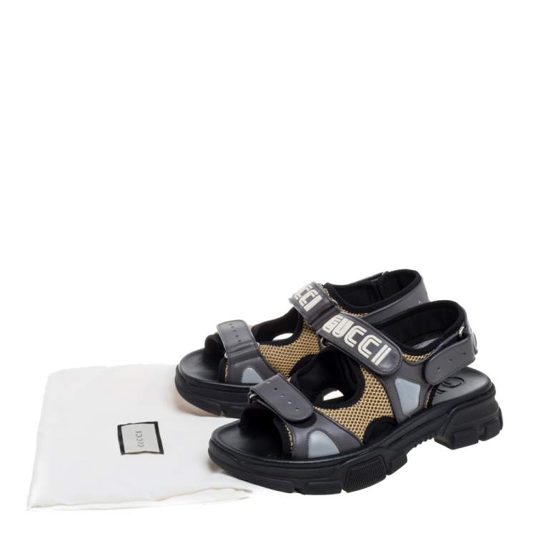 Pre Owned Gucci Grey Leather and Mesh Logo Sandals Size 41