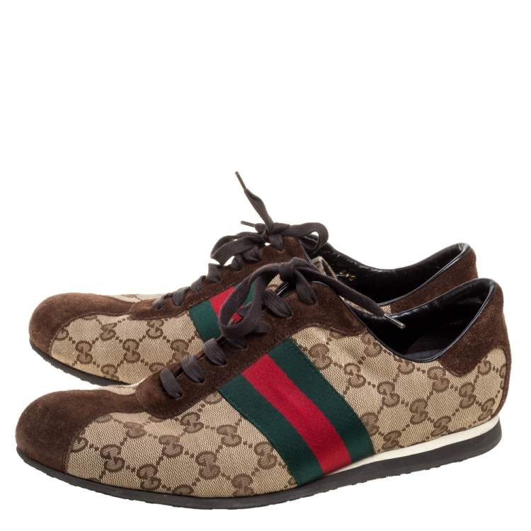 Pre Owned Gucci Beige/Brown GG Canvas And Suede Leather Web Detail Low Top Sneakers Size 42.5