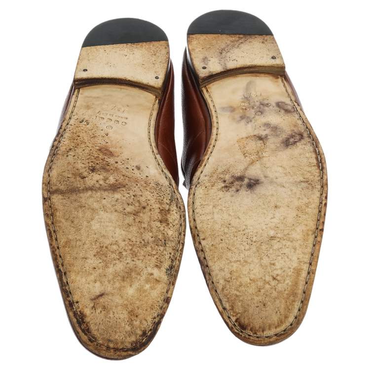 Pre Owned Gucci Brown Leather Hysteria Crest Slip On Loafers Size 43.5 