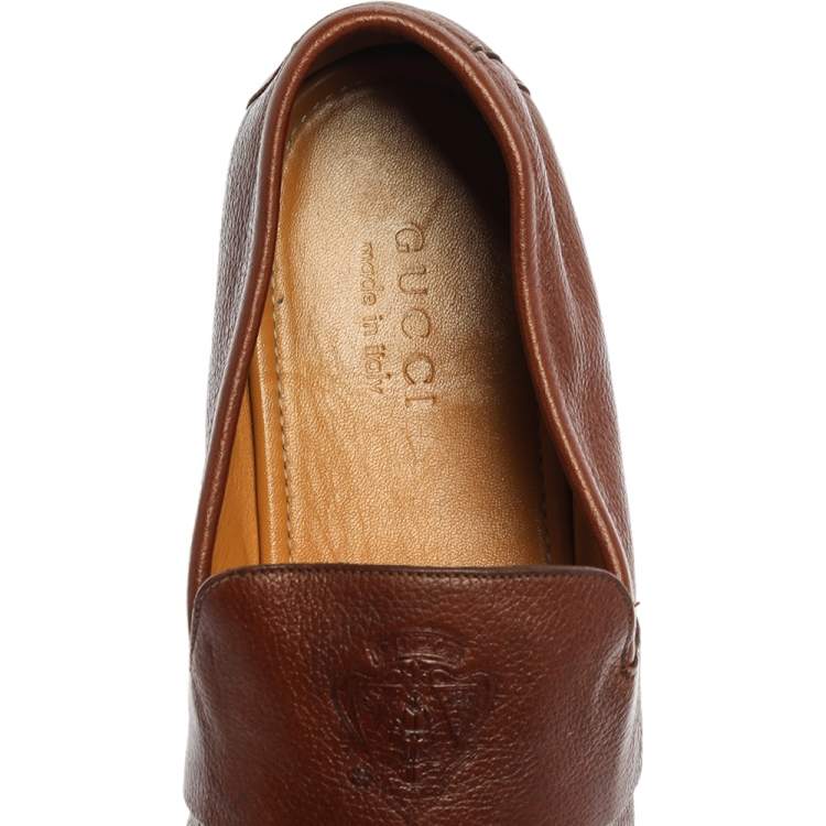Pre Owned Gucci Brown Leather Hysteria Crest Slip On Loafers Size 43.5 