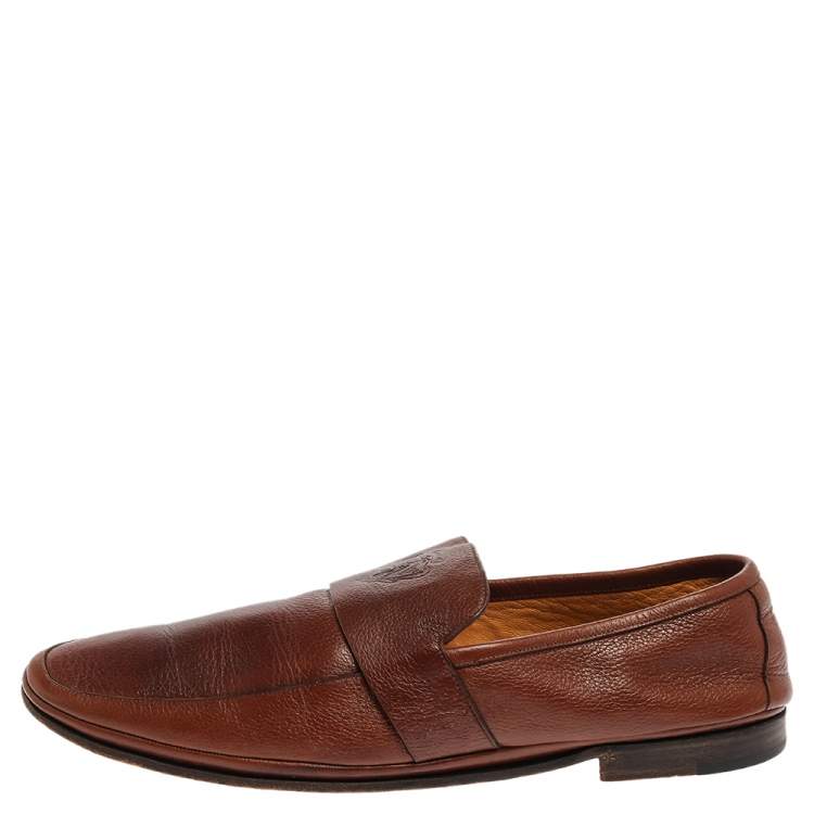 Pre Owned Gucci Brown Leather Hysteria Crest Slip On Loafers Size 43.5 