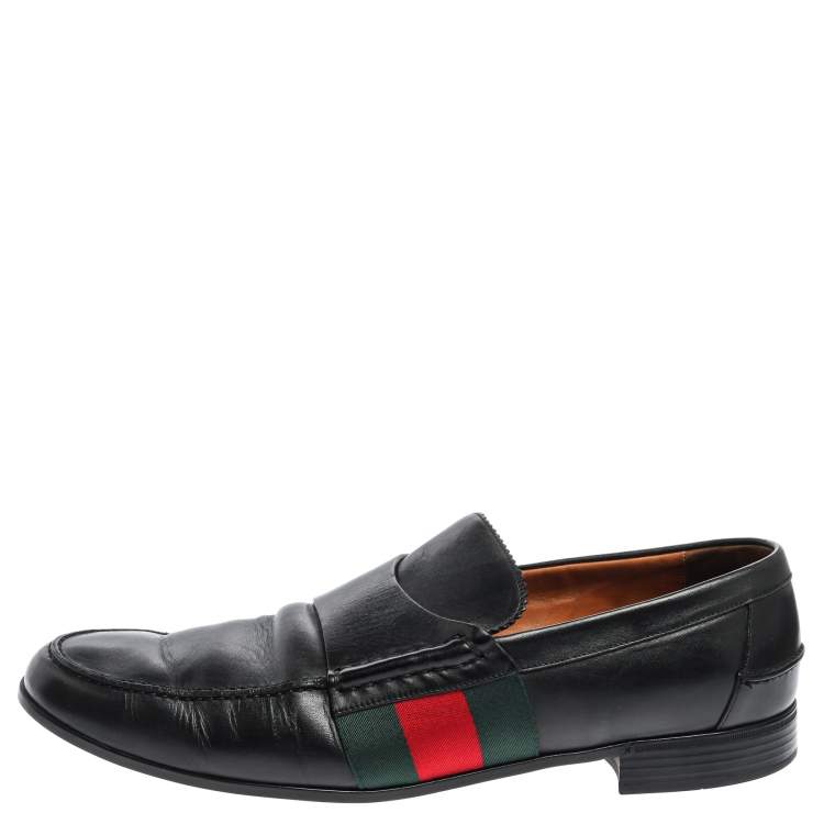 Pre Owned Gucci Black Leather Web Slip On Loafers Size 44.5