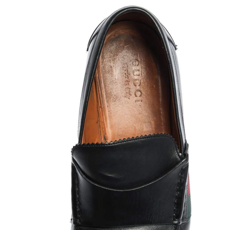 Pre Owned Gucci Black Leather Web Slip On Loafers Size 44.5