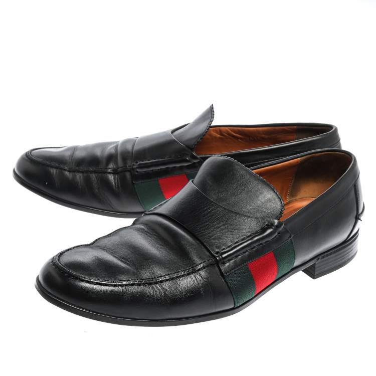 Pre Owned Gucci Black Leather Web Slip On Loafers Size 44.5