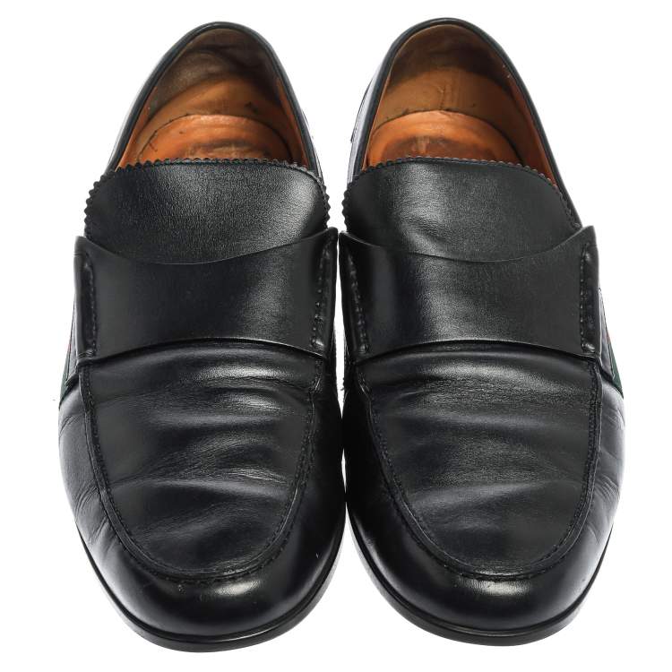 Pre Owned Gucci Black Leather Web Slip On Loafers Size 44.5