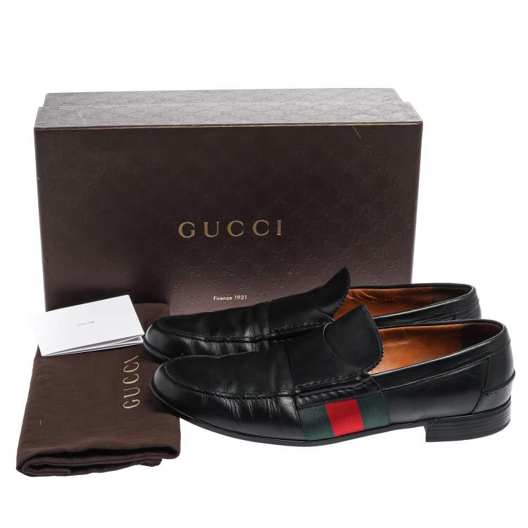 Pre Owned Gucci Black Leather Web Slip On Loafers Size 44.5
