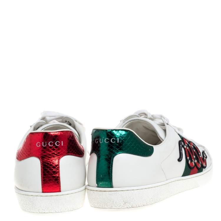 Pre Owned Gucci White Leather Ace Embroidered Snake Low Top Sneakers Size 44.5