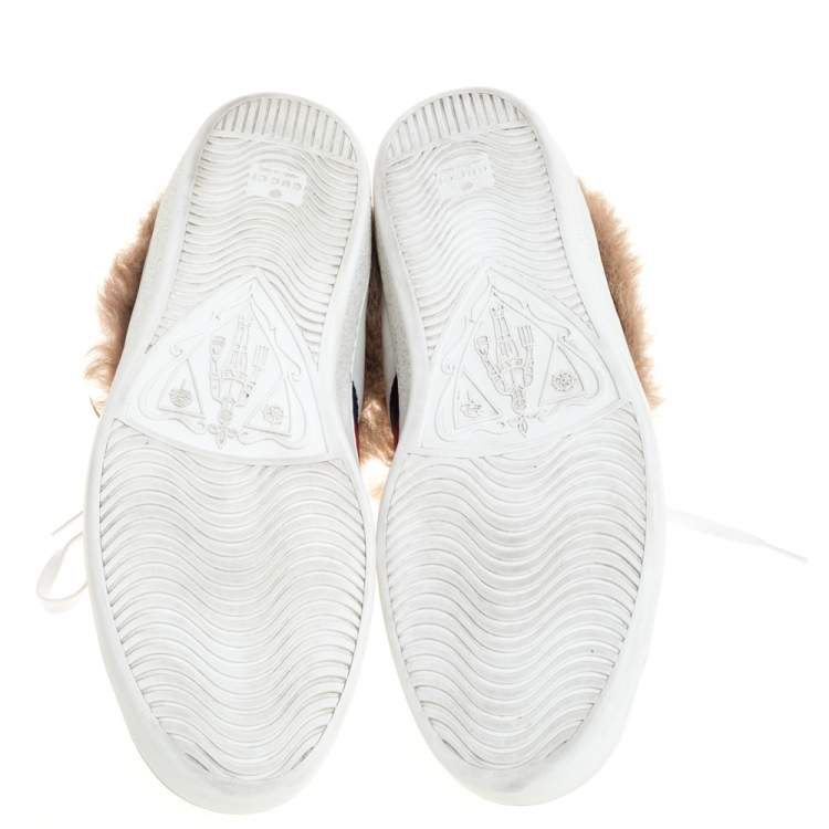 Pre Owned Gucci White Leather and Fur Ace Embroidered Bee Low Top Sneaker Size 44.5