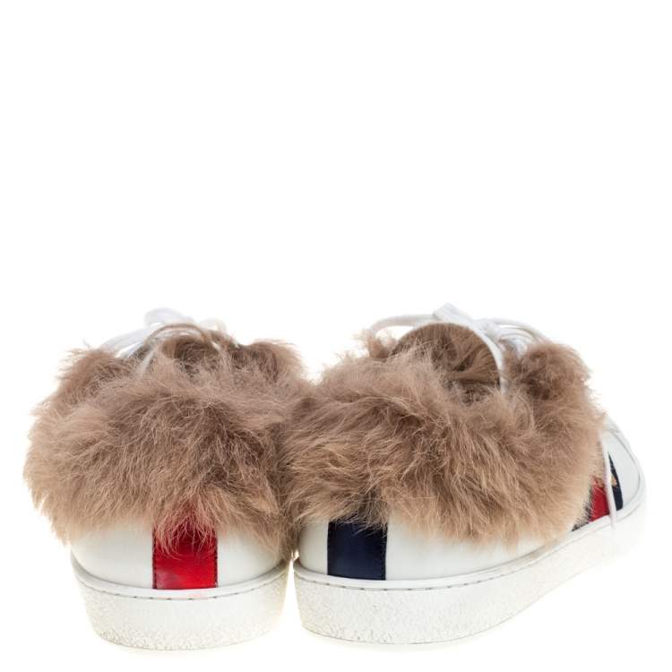 Pre Owned Gucci White Leather and Fur Ace Embroidered Bee Low Top Sneaker Size 44.5