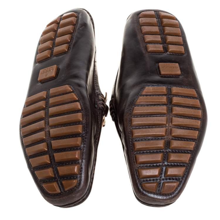 Pre Owned Gucci Dark Brown Leather Bamboo Horsebit Loafers Size 42.5