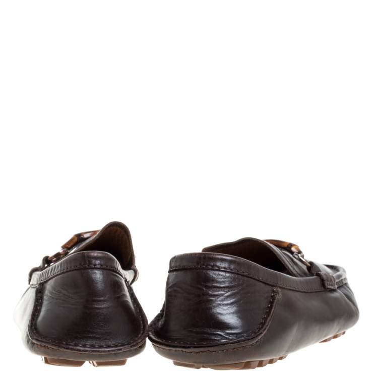 Pre Owned Gucci Dark Brown Leather Bamboo Horsebit Loafers Size 42.5