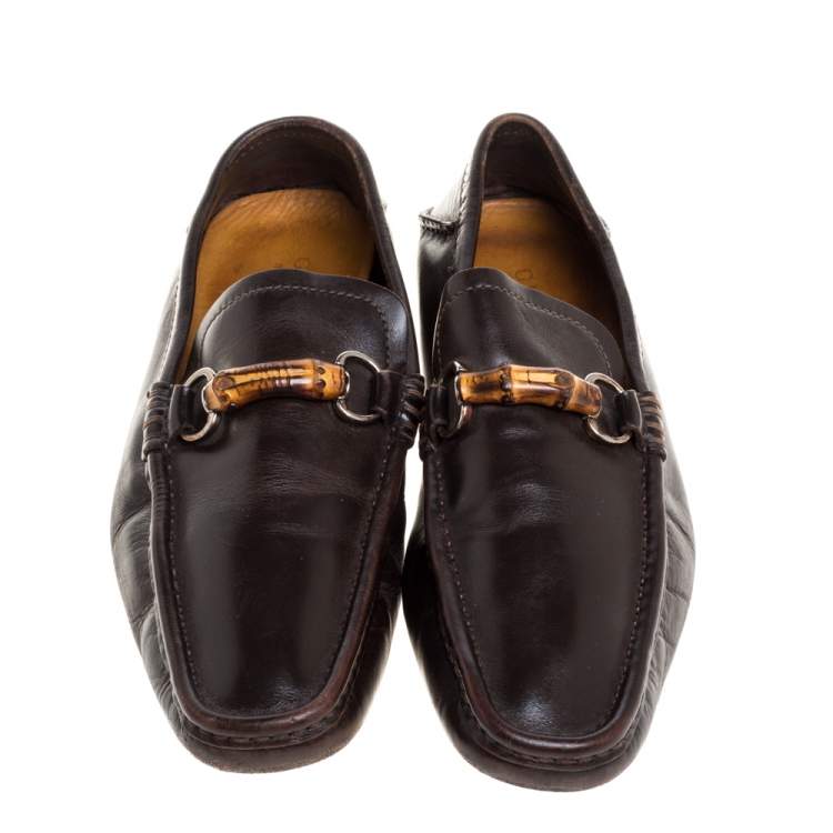 Pre Owned Gucci Dark Brown Leather Bamboo Horsebit Loafers Size 42.5