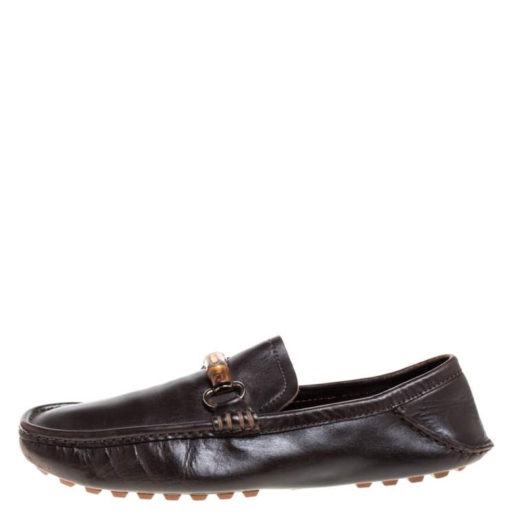 Pre Owned Gucci Dark Brown Leather Bamboo Horsebit Loafers Size 42.5