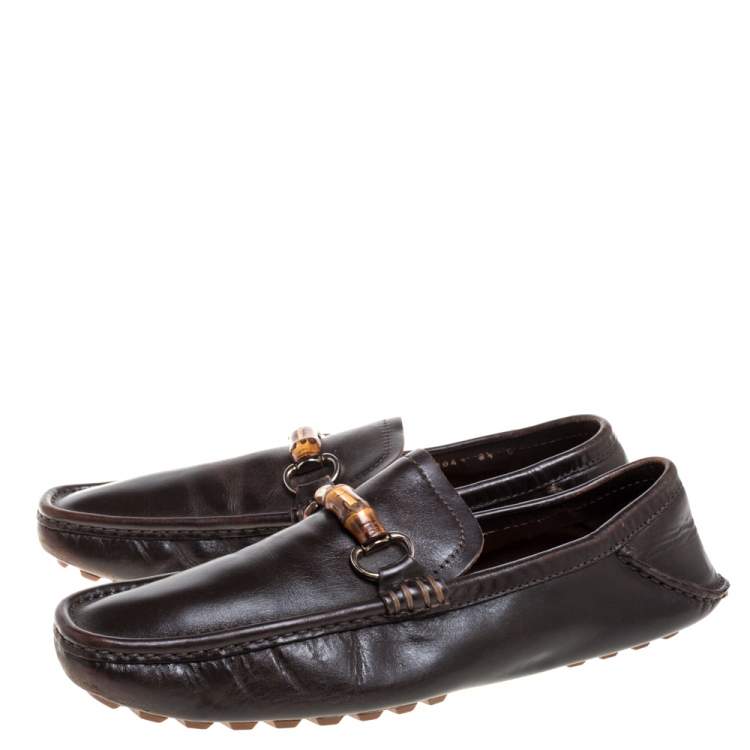 Pre Owned Gucci Dark Brown Leather Bamboo Horsebit Loafers Size 42.5