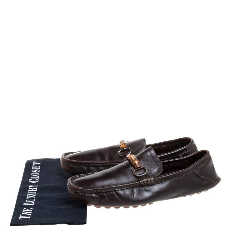 Pre Owned Gucci Dark Brown Leather Bamboo Horsebit Loafers Size 42.5