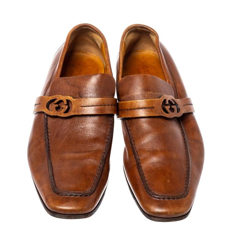 Pre Owned Gucci Brown Leather GG Logo Loafer Size 41.5