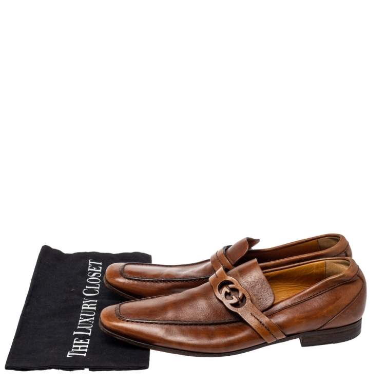 Pre Owned Gucci Brown Leather GG Logo Loafer Size 41.5