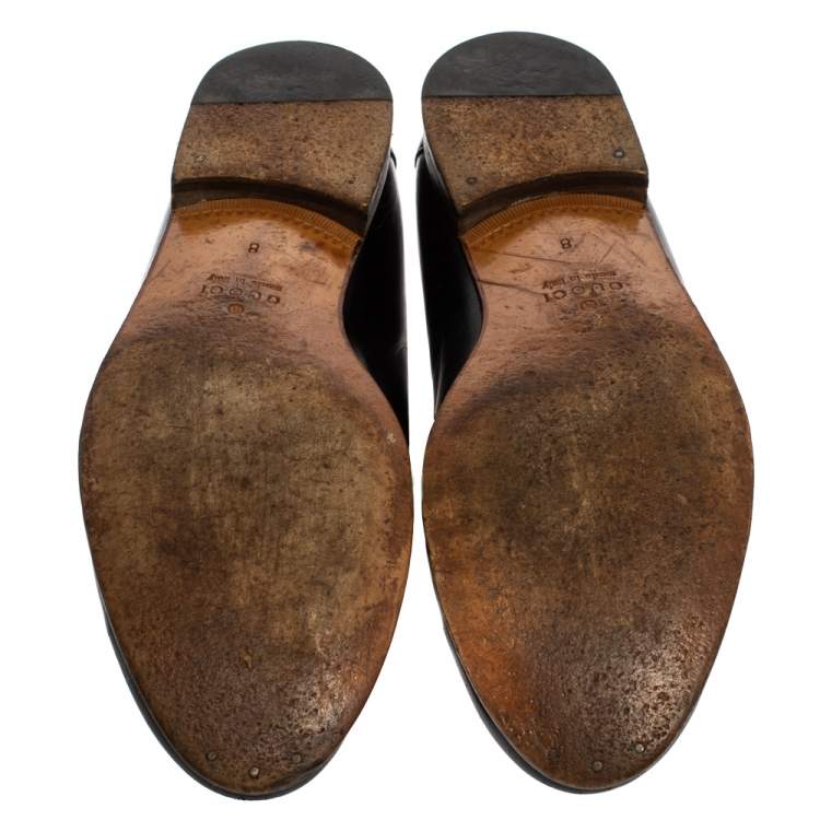 Pre Owned Gucci Black Leather Bamboo Horsebit Web Slip On Loafers Size 42