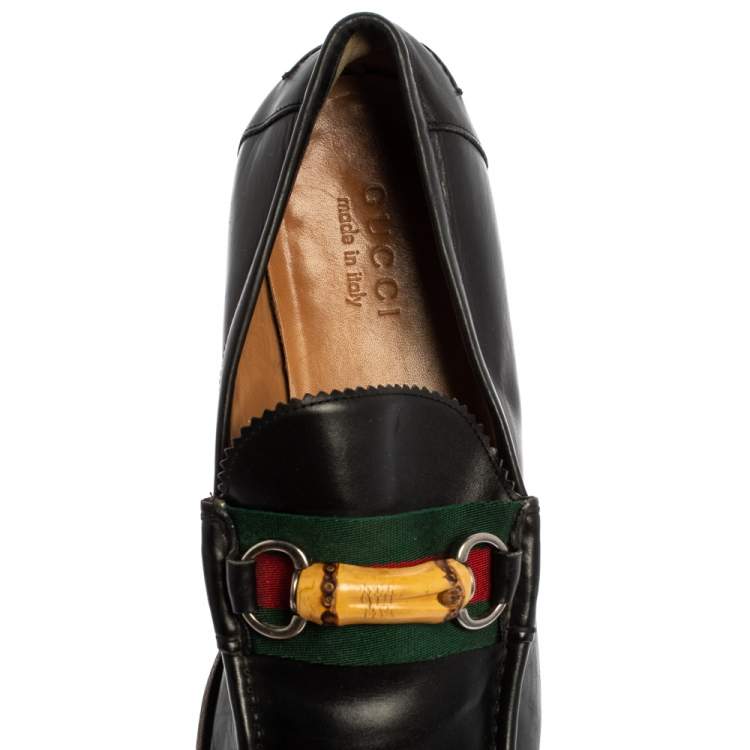 Pre Owned Gucci Black Leather Bamboo Horsebit Web Slip On Loafers Size 42