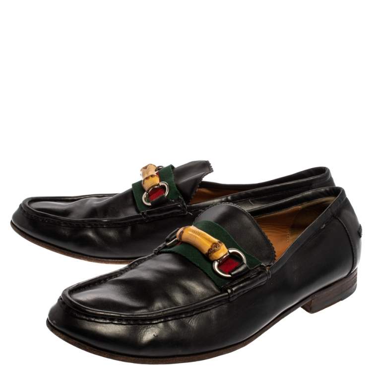 Pre Owned Gucci Black Leather Bamboo Horsebit Web Slip On Loafers Size 42