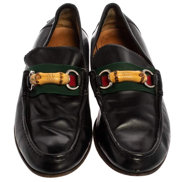 Pre Owned Gucci Black Leather Bamboo Horsebit Web Slip On Loafers Size 42