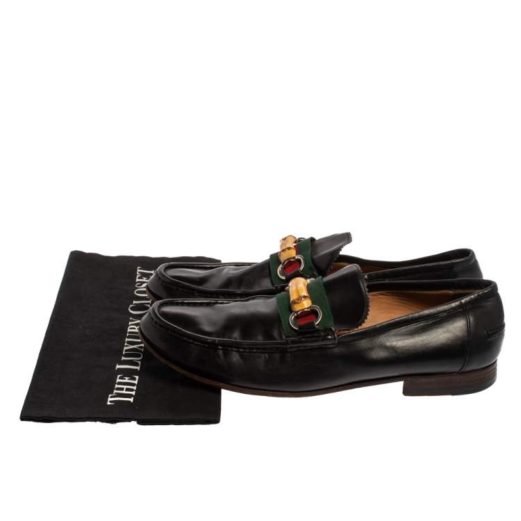 Pre Owned Gucci Black Leather Bamboo Horsebit Web Slip On Loafers Size 42