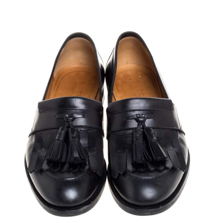 Pre Owned Gucci Black Leather Tassel Slip On Loafers Size 42 