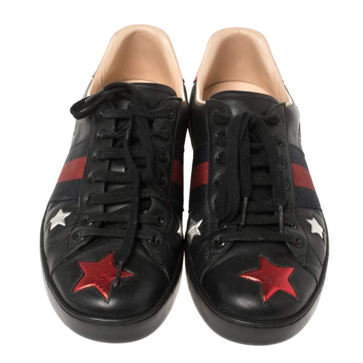 Pre Owned Gucci Black Leather Ace Metallic Stars Low Top Sneakers Size 43