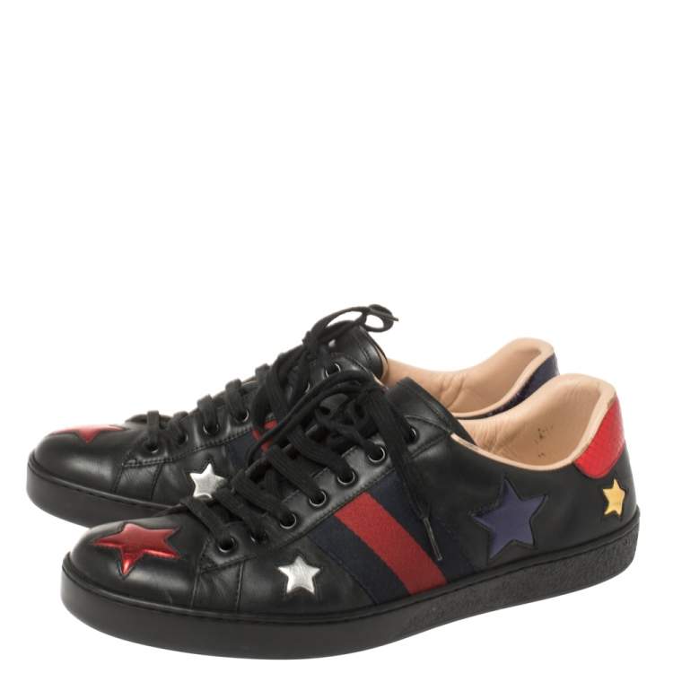Pre Owned Gucci Black Leather Ace Metallic Stars Low Top Sneakers Size 43