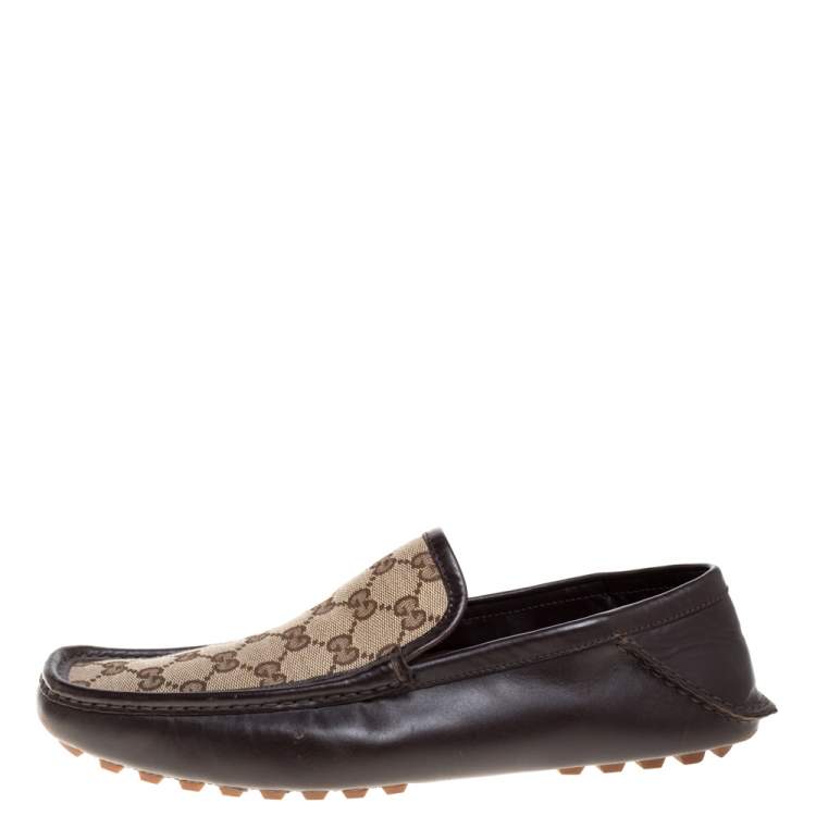 Pre Owned Gucci Brown Leather and GG Canvas Loafers Size 43.5