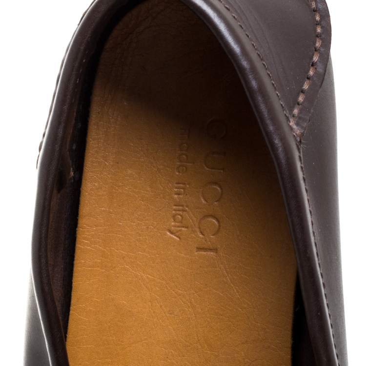 Pre Owned Gucci Brown Leather and GG Canvas Loafers Size 43.5