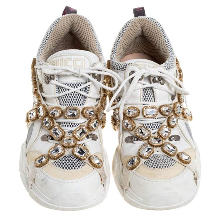 Pre Owned Gucci White Leather and Mesh Flashtrek Removable Crystals Sneakers Size 42