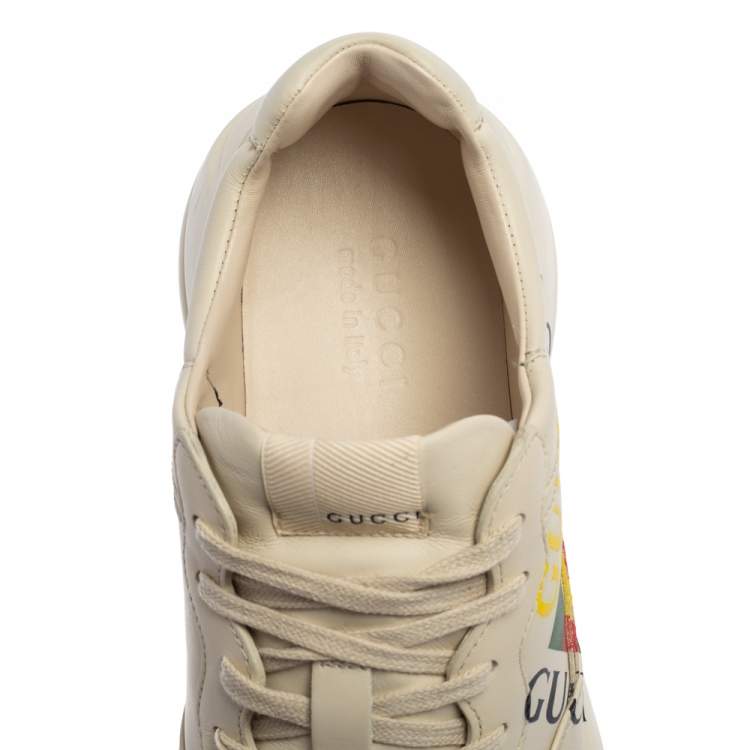 Pre Owned Gucci Mystic White Leather Gucci Square Logo Rhyton Low Top Sneakers Size 43