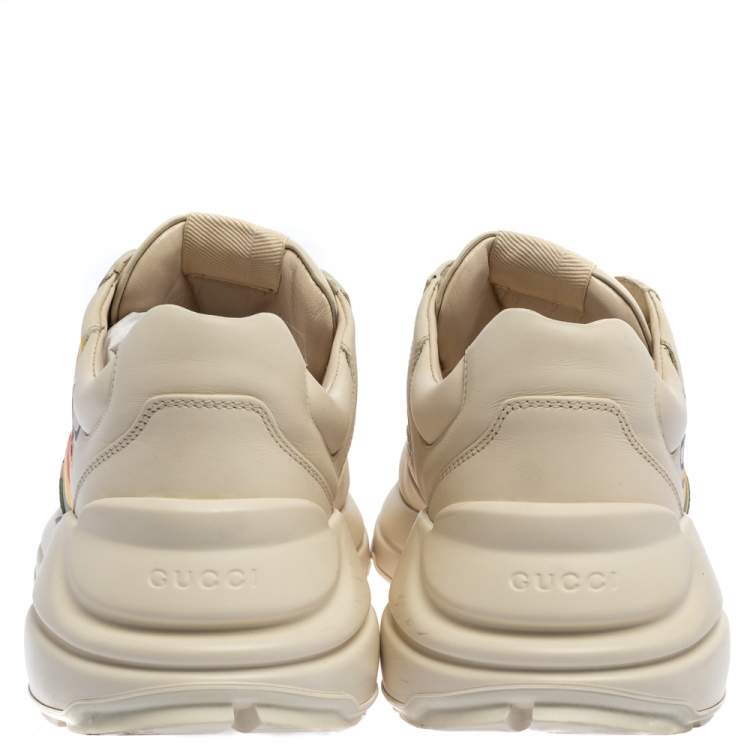 Pre Owned Gucci Mystic White Leather Gucci Square Logo Rhyton Low Top Sneakers Size 43