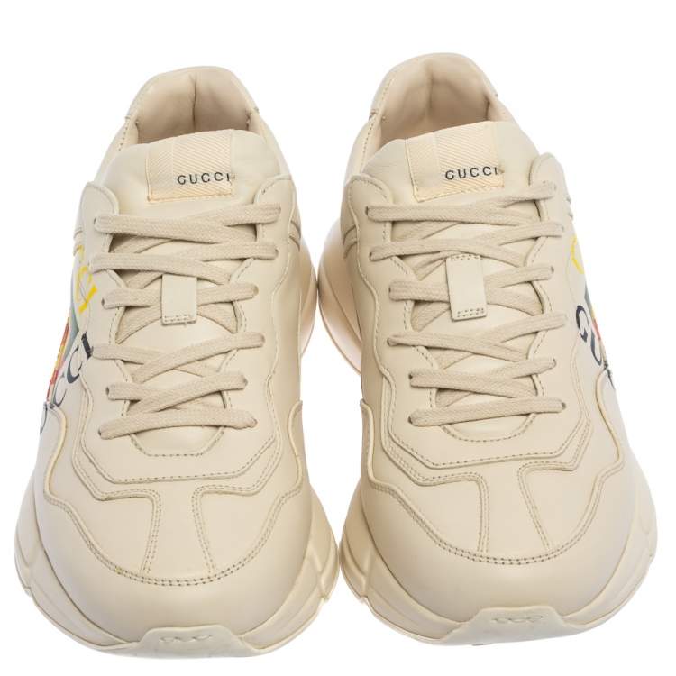 Pre Owned Gucci Mystic White Leather Gucci Square Logo Rhyton Low Top Sneakers Size 43