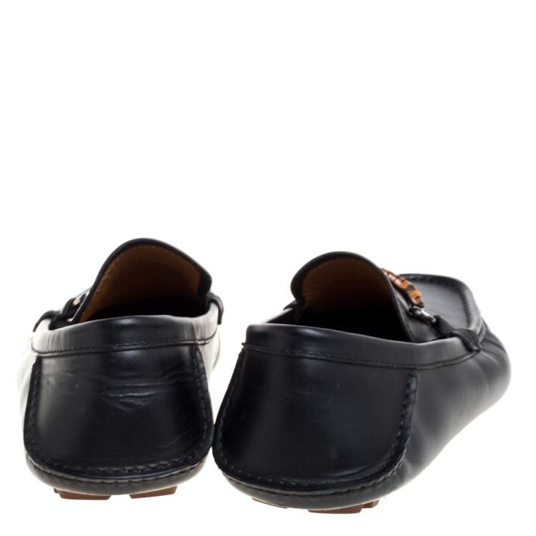 Pre Owned Gucci Black Leather Bamboo Horsebit Loafers Size 42.5