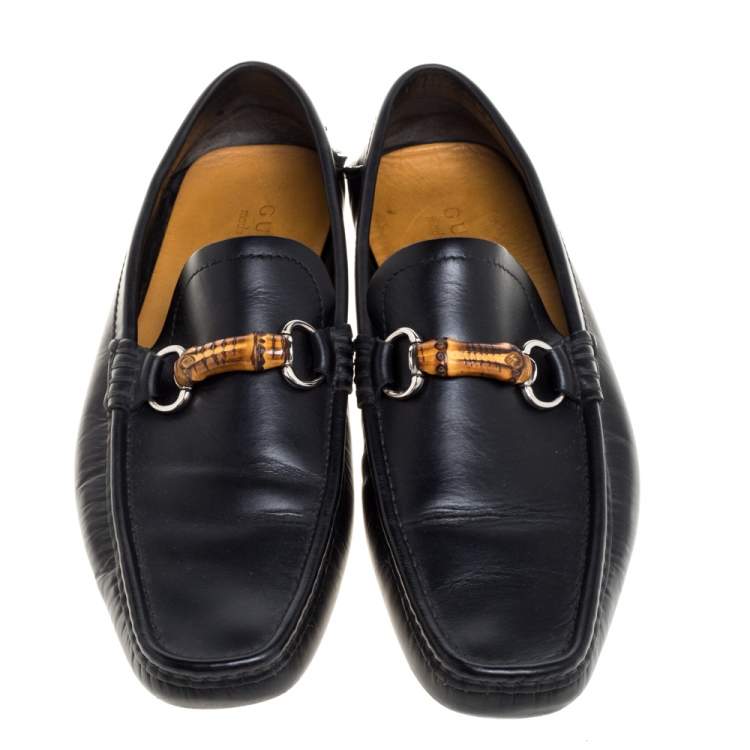 Pre Owned Gucci Black Leather Bamboo Horsebit Loafers Size 42.5