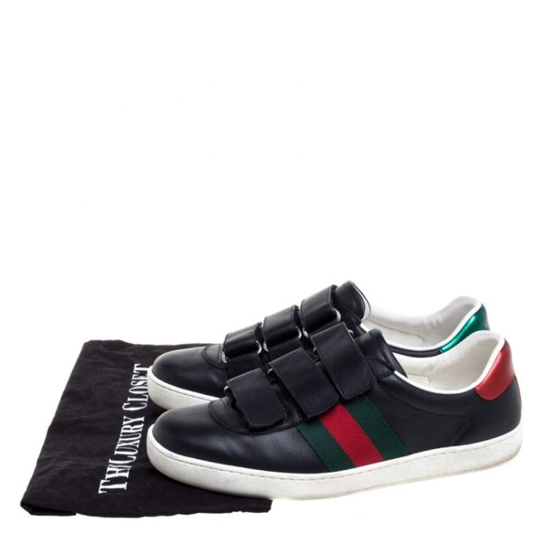 Pre Owned Gucci Black Leather Web Low Top Velcro Sneakers Size 39.5
