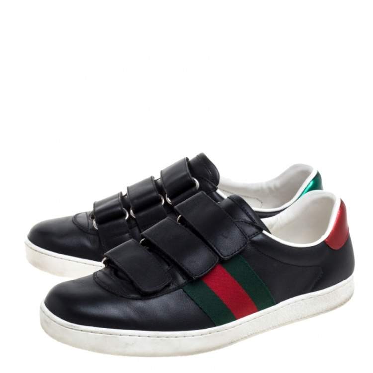 Pre Owned Gucci Black Leather Web Low Top Velcro Sneakers Size 39.5