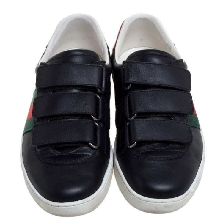 Pre Owned Gucci Black Leather Web Low Top Velcro Sneakers Size 39.5