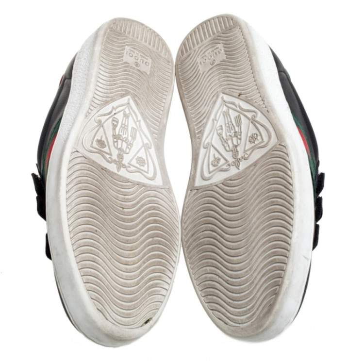 Pre Owned Gucci Black Leather Web Low Top Velcro Sneakers Size 39.5