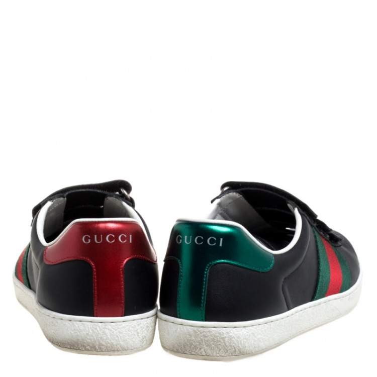 Pre Owned Gucci Black Leather Web Low Top Velcro Sneakers Size 39.5