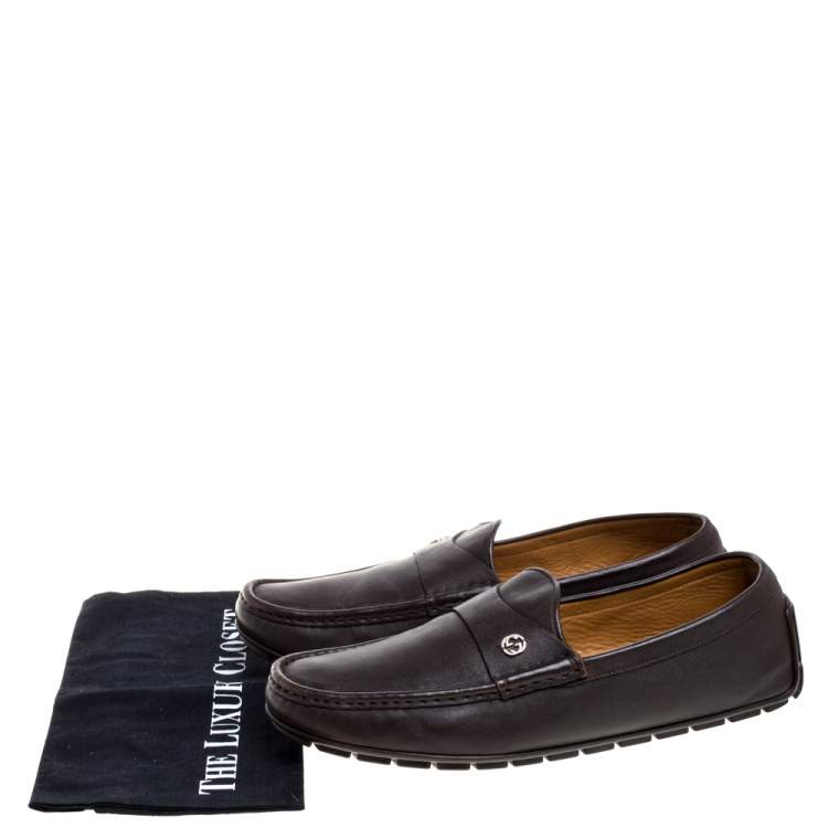 Pre Owned Gucci Dark Brown Leather GG Interlocking Loafers Size 44
