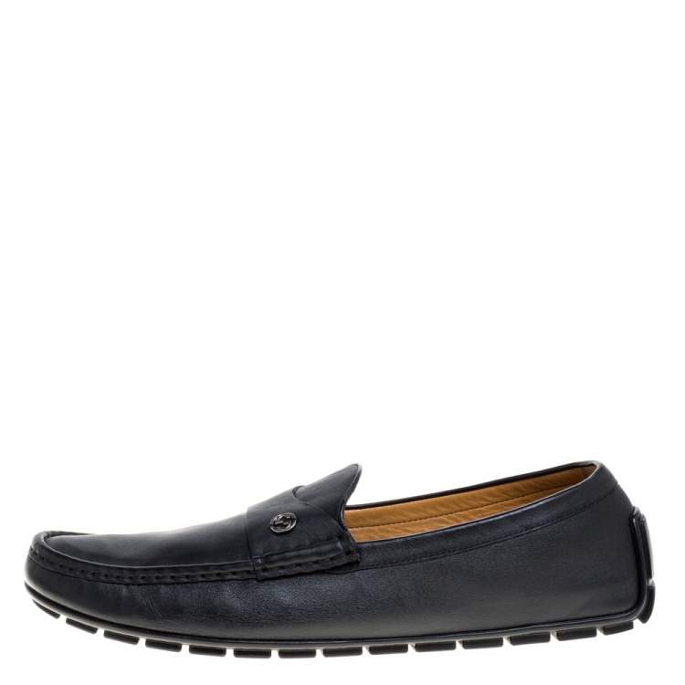 Pre Owned Gucci Black Leather GG Interlocking Loafers Size 46