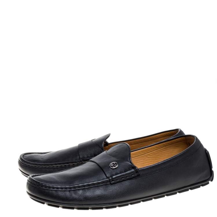 Pre Owned Gucci Black Leather GG Interlocking Loafers Size 46