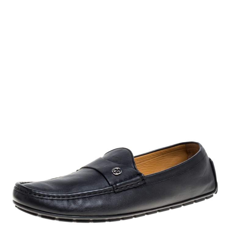 Pre Owned Gucci Black Leather GG Interlocking Loafers Size 46