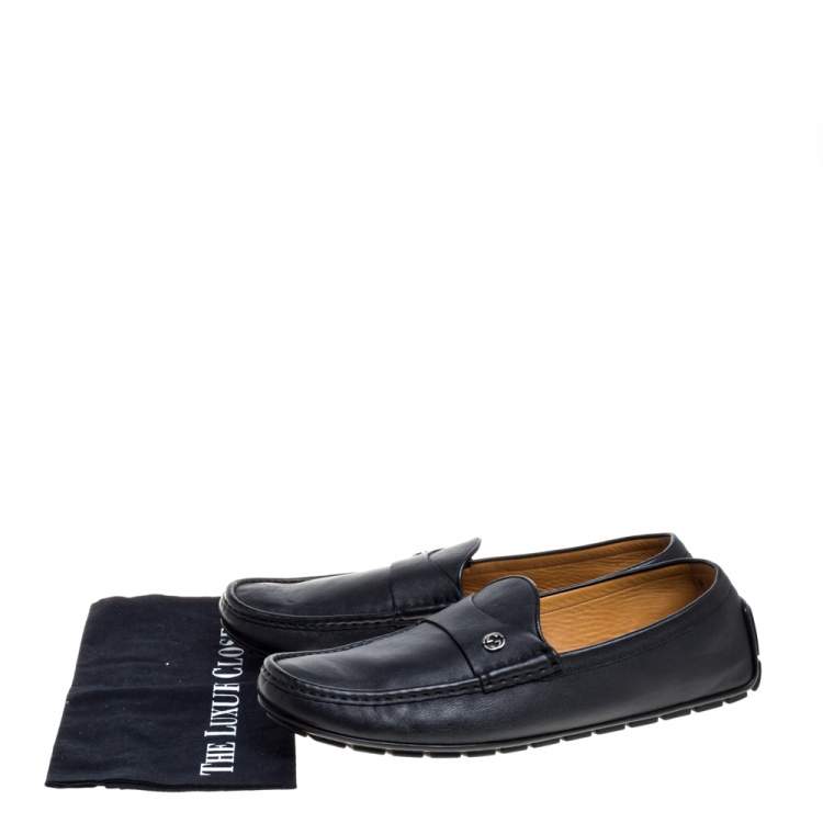Pre Owned Gucci Black Leather GG Interlocking Loafers Size 46