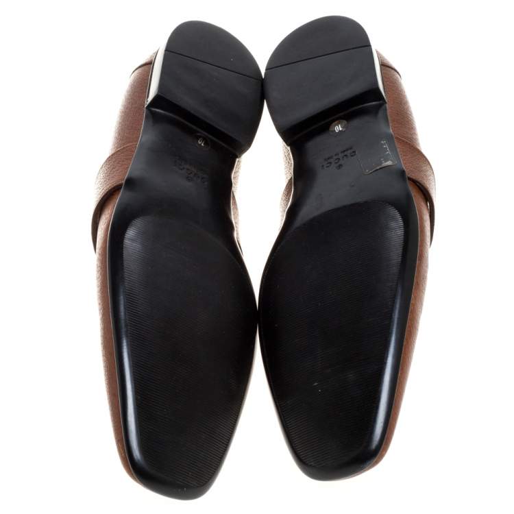Pre Owned Gucci Brown Leather GG Logo Loafer Size 44