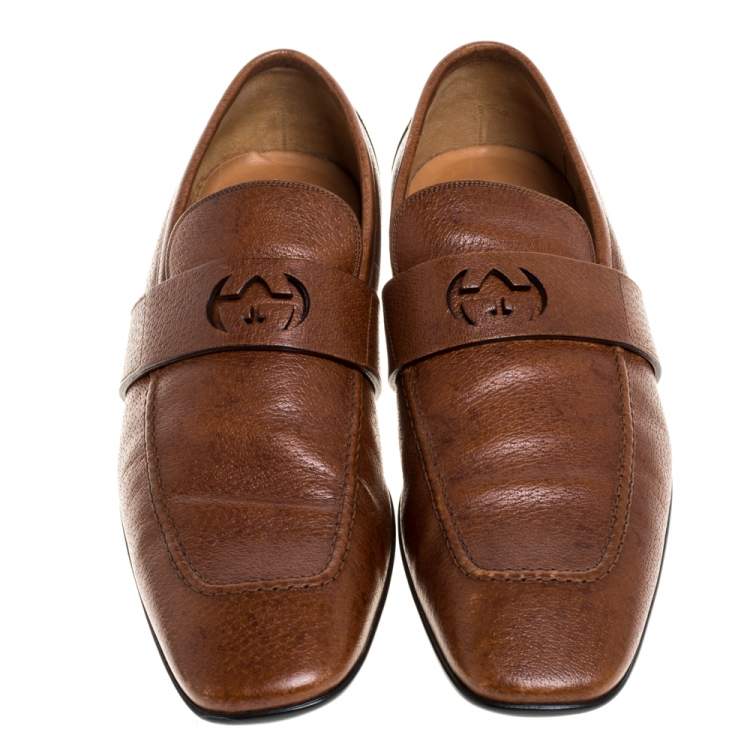 Pre Owned Gucci Brown Leather GG Logo Loafer Size 44